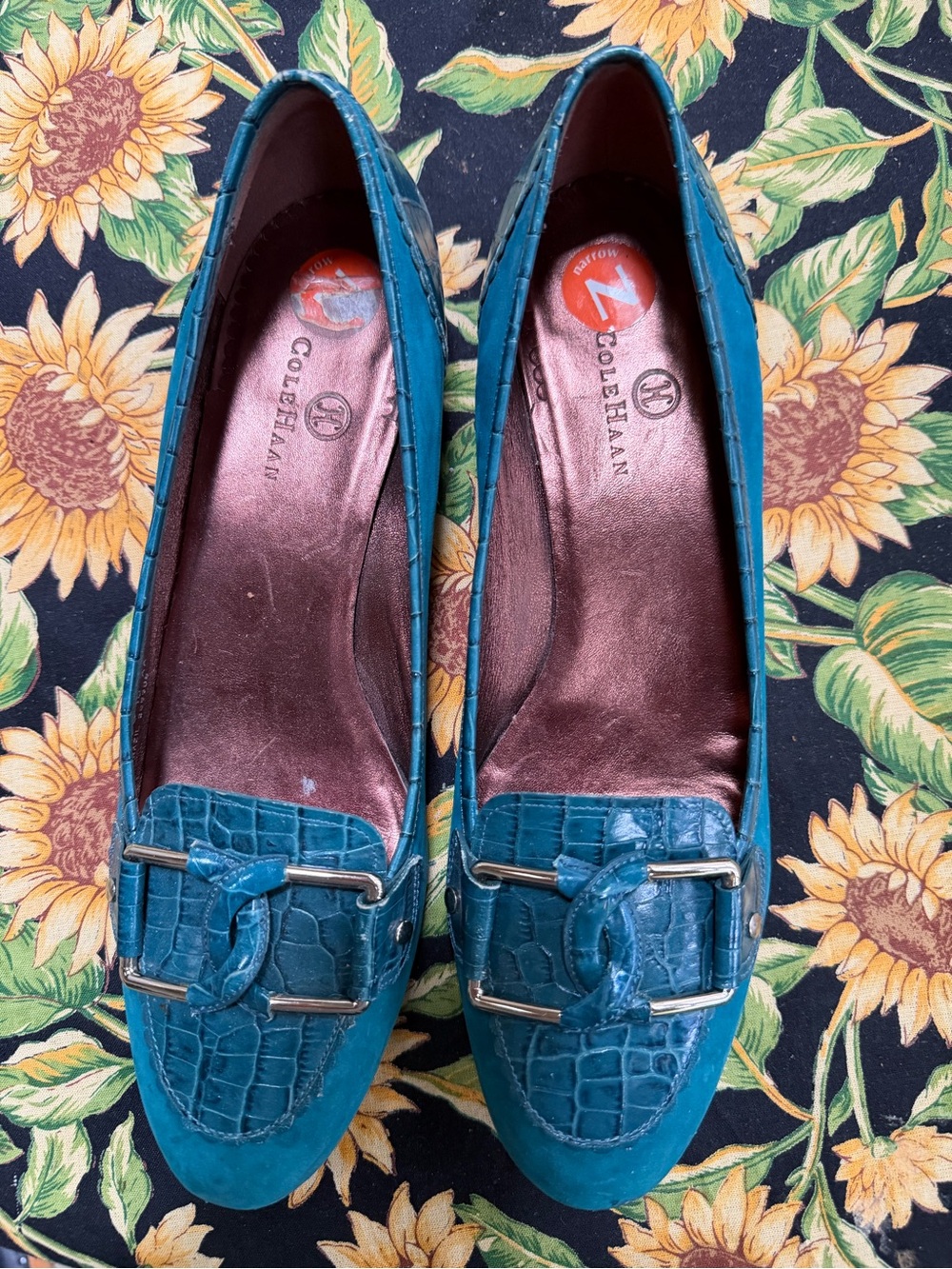 Cole Haan Teal Croc-Embossed Leather Loafers with Silver Bit 10aa